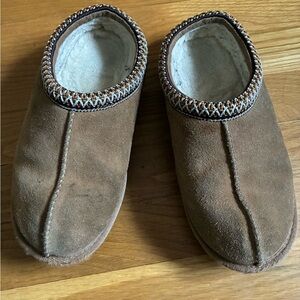 UGG Tan Suede Slippers with Woven Trim